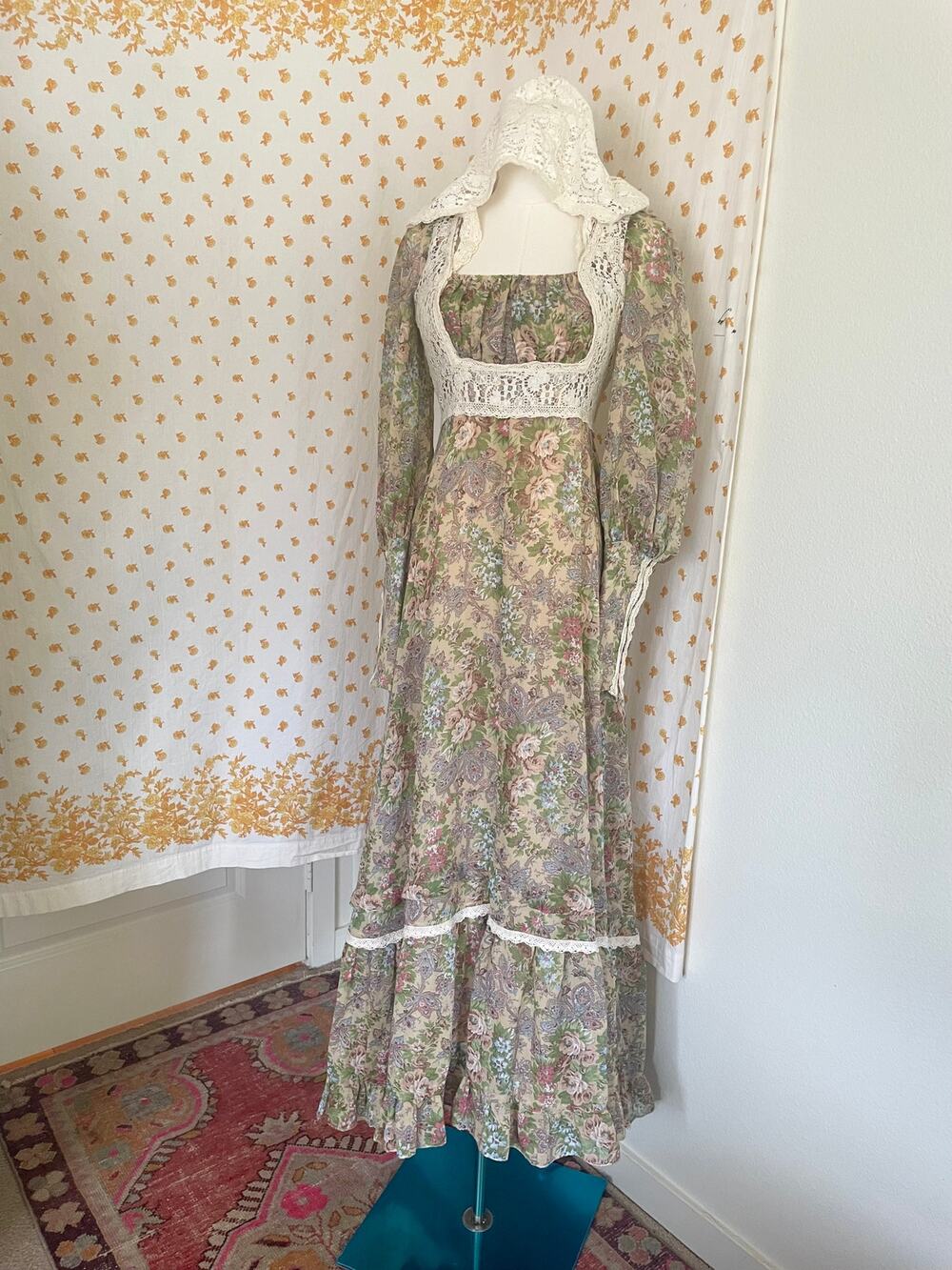 Rare 70s Gunne Sax Lace Hood Floral Prairie Maxi Dress Size 9